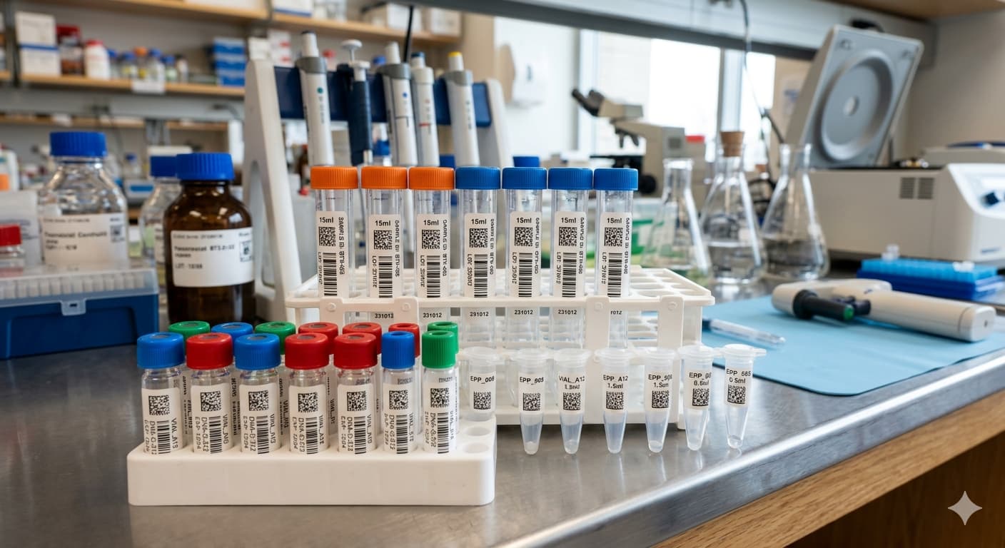 Pro-curo flexible label printing — lab sample tubes with barcode labels