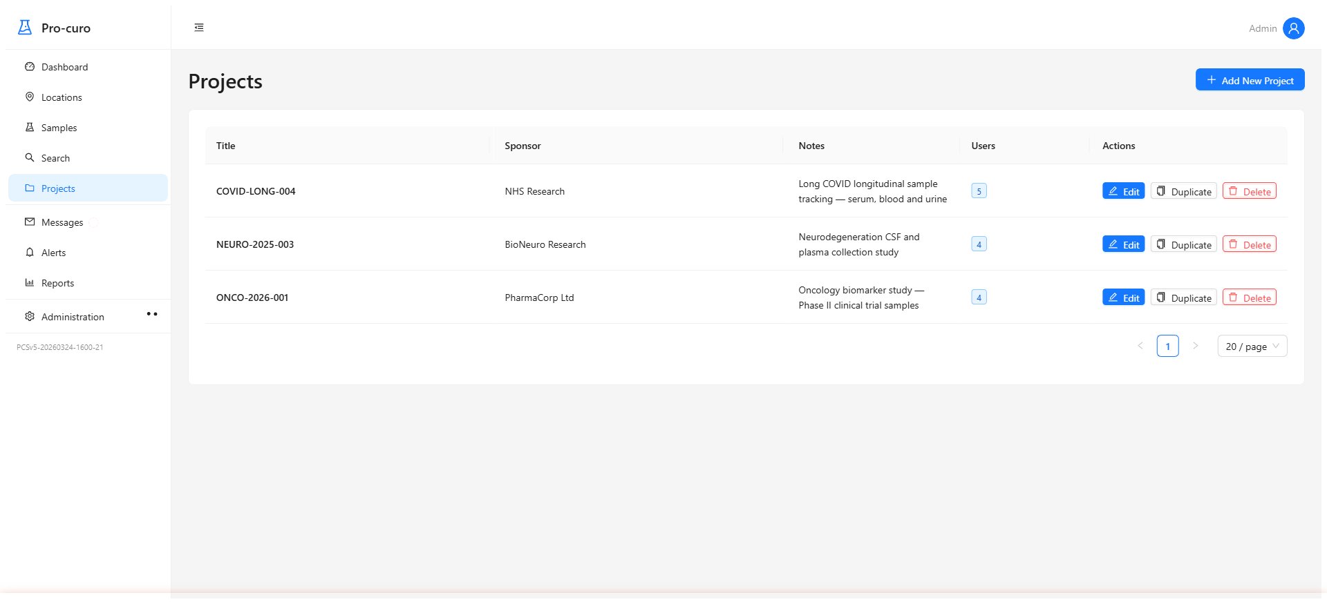 Pro-curo project management view